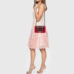 Pre Owned Chanel Red/Green Quilted Tartan and Velvet Medium Boy Flap Bag