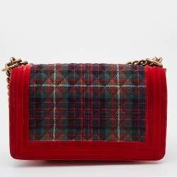 Pre Owned Chanel Red/Green Quilted Tartan and Velvet Medium Boy Flap Bag
