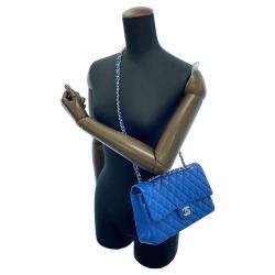 Pre Owned Chanel Blue Lambskin Leather Medium Classic Double Flap Bag