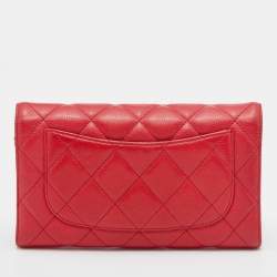 Pre Owned Chanel Red Quilted Caviar Leather Classic Flap Wallet