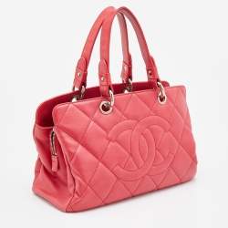 Pre Owned Chanel Red Quilted Caviar Leather CC Timeless Soft Shopper Tote