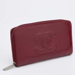 Chanel Dark Red Patent Leather CC Timeless Zip Around Wallet