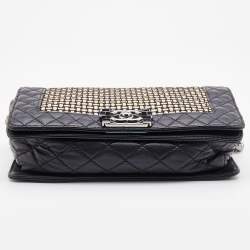 Pre Owned Chanel Black/Cream Woven Patent and Leather Medium Reverso Boy Flap Bag