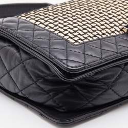 Pre Owned Chanel Black/Cream Woven Patent and Leather Medium Reverso Boy Flap Bag