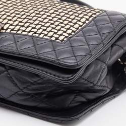 Pre Owned Chanel Black/Cream Woven Patent and Leather Medium Reverso Boy Flap Bag
