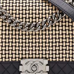 Pre Owned Chanel Black/Cream Woven Patent and Leather Medium Reverso Boy Flap Bag