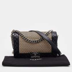 Pre Owned Chanel Black/Cream Woven Patent and Leather Medium Reverso Boy Flap Bag
