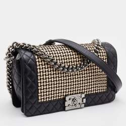 Pre Owned Chanel Black/Cream Woven Patent and Leather Medium Reverso Boy Flap Bag
