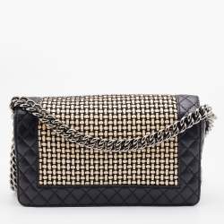 Pre Owned Chanel Black/Cream Woven Patent and Leather Medium Reverso Boy Flap Bag