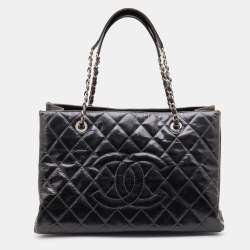 Pre Owned Chanel Dark Grey Quilted Leather Large Shopping Tote