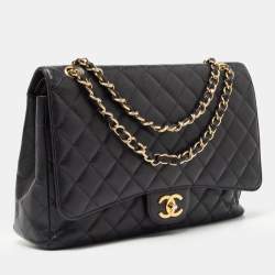 Pre Owned Chanel Black Quilted Caviar Leather Maxi Classic Double Flap Bag