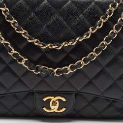 Pre Owned Chanel Black Quilted Caviar Leather Maxi Classic Double Flap Bag
