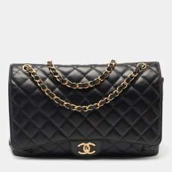 Pre Owned Chanel Black Quilted Caviar Leather Maxi Classic Double Flap Bag