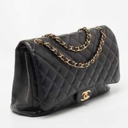Pre Owned Chanel Black Quilted Caviar Leather Maxi Classic Double Flap Bag