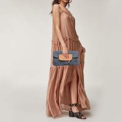 Pre Owned Chanel Blue/Tan Quilted Denim and Leather CC Flap Clutch