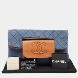 Pre Owned Chanel Blue/Tan Quilted Denim and Leather CC Flap Clutch