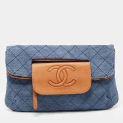 Pre Owned Chanel Blue/Tan Quilted Denim and Leather CC Flap Clutch