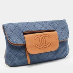 Pre Owned Chanel Blue/Tan Quilted Denim and Leather CC Flap Clutch