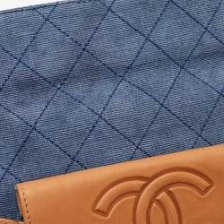 Pre Owned Chanel Blue/Tan Quilted Denim and Leather CC Flap Clutch
