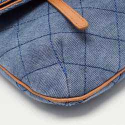 Pre Owned Chanel Blue/Tan Quilted Denim and Leather CC Flap Clutch