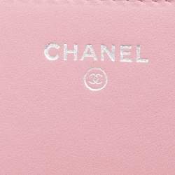 Pre Owned Chanel Pink Leather Embossed Camellia Wallet On Chain