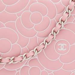 Pre Owned Chanel Pink Leather Embossed Camellia Wallet On Chain