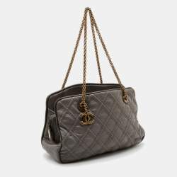 Pre Owned Chanel Grey Quilted Stitch Leather Triptych Tote