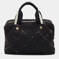 Pre Owned Chanel Black/White Quilted Nylon Travel Line Multiple Zip Bowler Bag