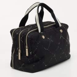 Pre Owned Chanel Black/White Quilted Nylon Travel Line Multiple Zip Bowler Bag