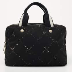 Pre Owned Chanel Black/White Quilted Nylon Travel Line Multiple Zip Bowler Bag