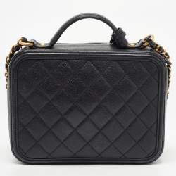 Pre Owned Chanel Black Quilted Caviar Leather Medium CC Filigree Vanity Case Bag