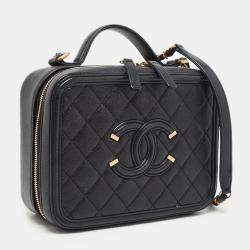 Pre Owned Chanel Black Quilted Caviar Leather Medium CC Filigree Vanity Case Bag