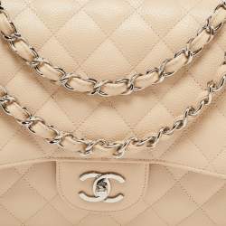 Pre Owned Chanel Beige Quilted Caviar Leather Jumbo Classic Double Flap Bag