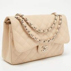 Pre Owned Chanel Beige Quilted Caviar Leather Jumbo Classic Double Flap Bag