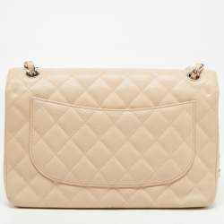 Pre Owned Chanel Beige Quilted Caviar Leather Jumbo Classic Double Flap Bag