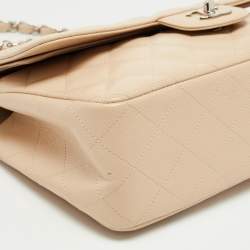 Pre Owned Chanel Beige Quilted Caviar Leather Jumbo Classic Double Flap Bag