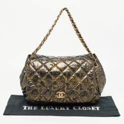 Pre Owned Chanel Black/Green Quilted Printed Coated Nylon Accordion Chain Bag