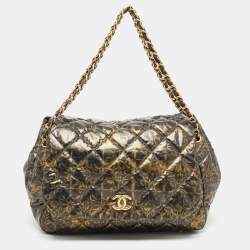 Pre Owned Chanel Black/Green Quilted Printed Coated Nylon Accordion Chain Bag