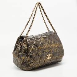 Pre Owned Chanel Black/Green Quilted Printed Coated Nylon Accordion Chain Bag