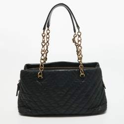 Pre Owned Chanel Black Chevron Shimmer Leather Surpique Zip Satchel