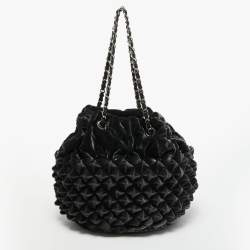 Pre Owned Chanel Dark Grey Pyramid Quilt Drawstring Bucket Bag