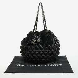 Pre Owned Chanel Dark Grey Pyramid Quilt Drawstring Bucket Bag