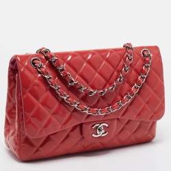 Pre Owned Chanel Orange Quilted Patent Leather Jumbo Classic Double Flap Bag