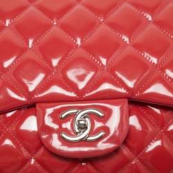 Pre Owned Chanel Orange Quilted Patent Leather Jumbo Classic Double Flap Bag
