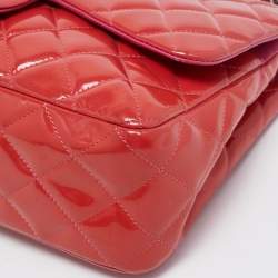 Pre Owned Chanel Orange Quilted Patent Leather Jumbo Classic Double Flap Bag