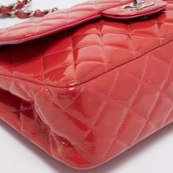 Pre Owned Chanel Orange Quilted Patent Leather Jumbo Classic Double Flap Bag