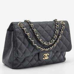 Pre Owned Chanel Black Quilted Caviar Leather Jumbo Classic Double Flap Bag
