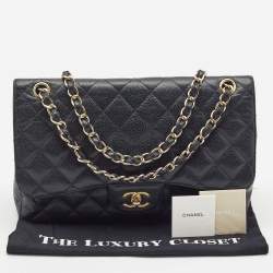 Pre Owned Chanel Black Quilted Caviar Leather Jumbo Classic Double Flap Bag