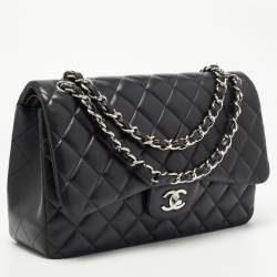 Pre Owned Chanel Black Quilted Lambskin Leather Jumbo Classic Double Flap Bag