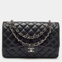 Pre Owned Chanel Black Quilted Lambskin Leather Jumbo Classic Double Flap Bag